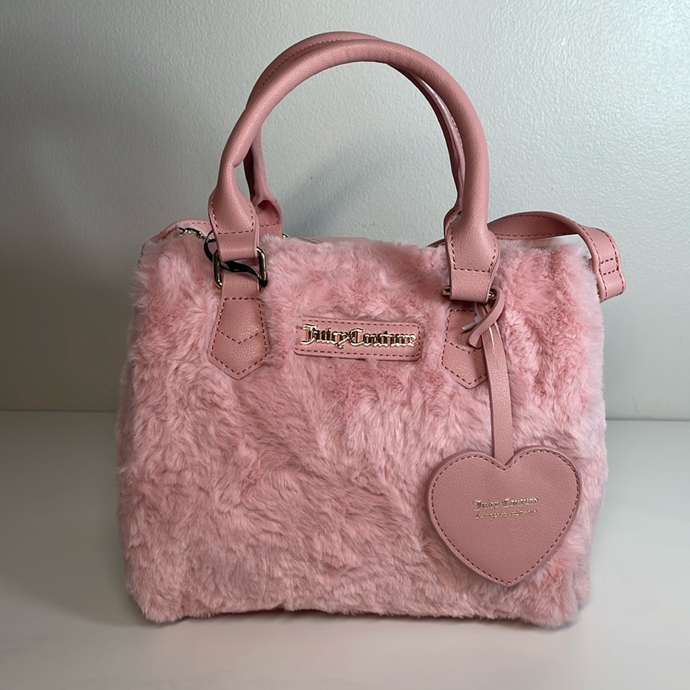Juicy Couture Pink Faux Fur Taff Satchel Crossbody Bowling Bag